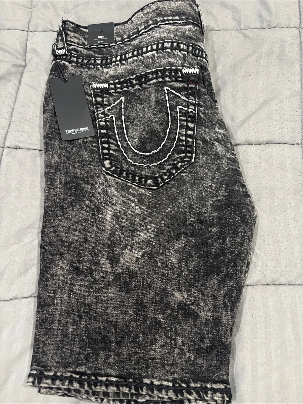 True Religion Black Gray Acid-Wash Denim Shorts